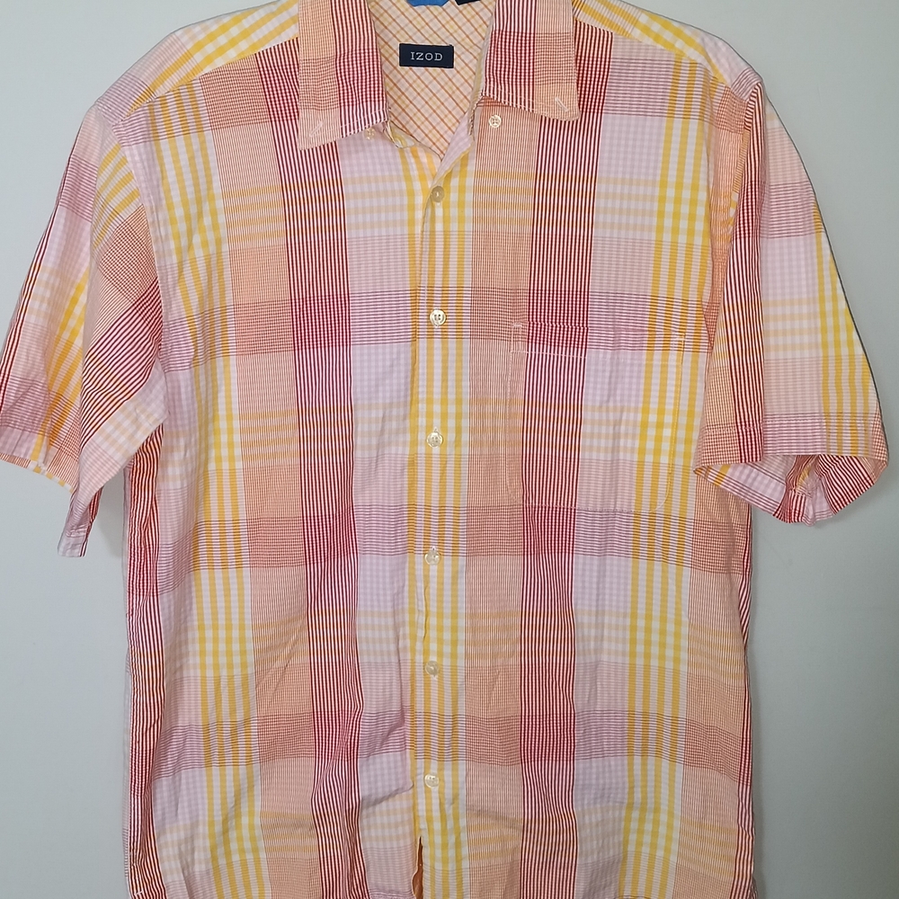 IZOD Men’s Short-Sleeve Plaid Button-Up Shirt - Yellow & Pink